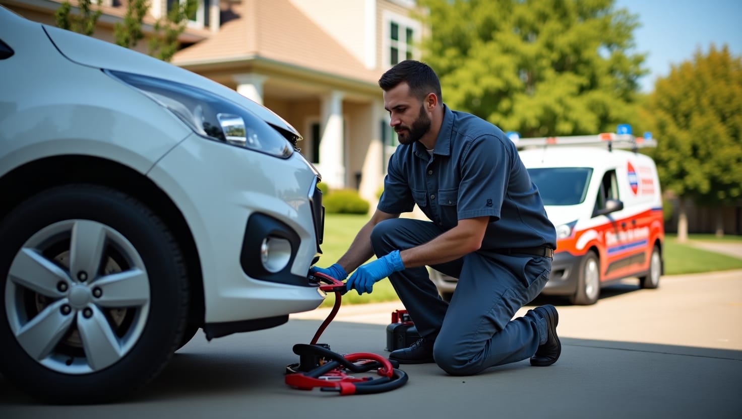 A professional mobile mechanic jump-starting a car in a Kansas City residential driveway, with tools nearby and a branded service van in the background. Sunny afternoon, suburban setting, real-life candid style. The mechanic is wearing a clean uniform and safety gloves.