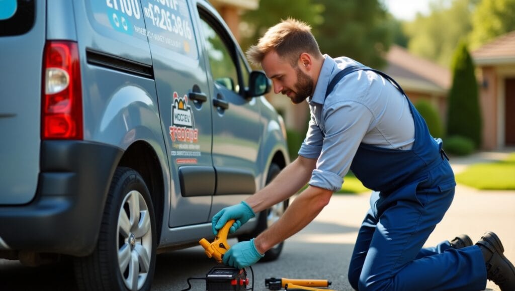 Sunny afternoon, suburban setting, real-life candid style. The mechanic is wearing a clean uniform and safety gloves.