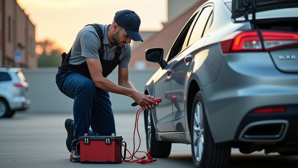 A professional mobile mechanic using high-quality equipment to jump-start a car battery in a Kansas City parking lot.