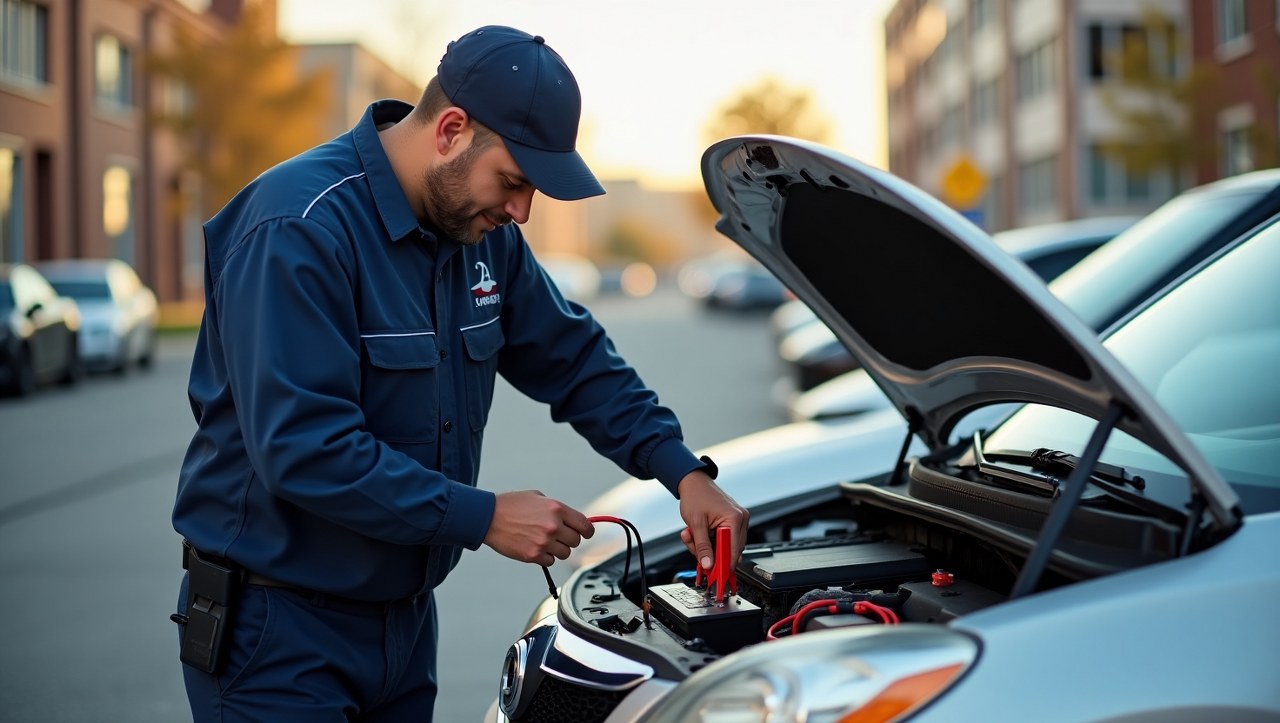 The mechanic is in uniform, and the vehicle is a typical mid-sized car with a visible battery and jumper cables, set against an urban Kansas City backdrop.