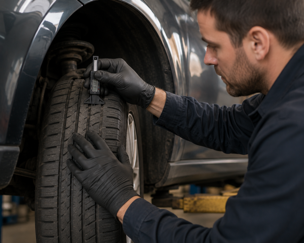 Mechanic inspecting tire tread depth